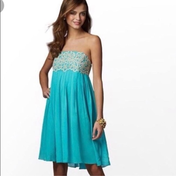 Lilly Pulitzer Jillie Night Out dress Chic Strapless Jewel Silk Gold Empire Sz 2 - Picture 4 of 16